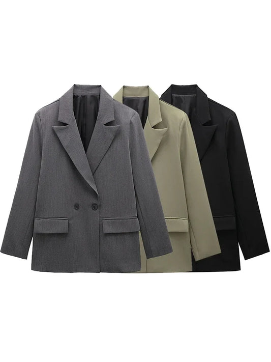 Women Fashion With Pockets Solid Double Breasted Blazer Vintage Long Sleeves Notched Neck Female Office Lady Outfits
