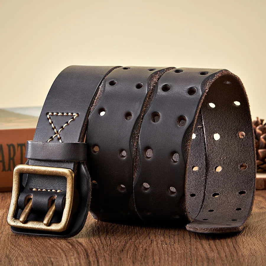 Thick Original Leather Belt Vintage Men Wide Belt Male Cowhide Real Genuine Leather Double Prong Buckle Strap Cowboy Jeans Belt