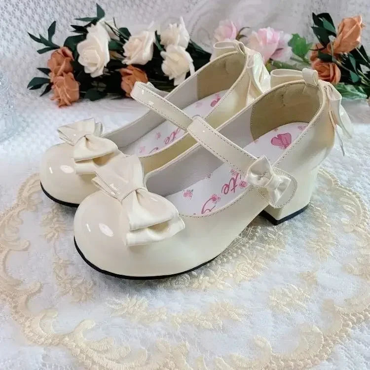 2024 Style Cute Round Head Jane Pumps With Bow Women's Sweet Party Dress Midi Heels Shoes Fashion PU Sandals