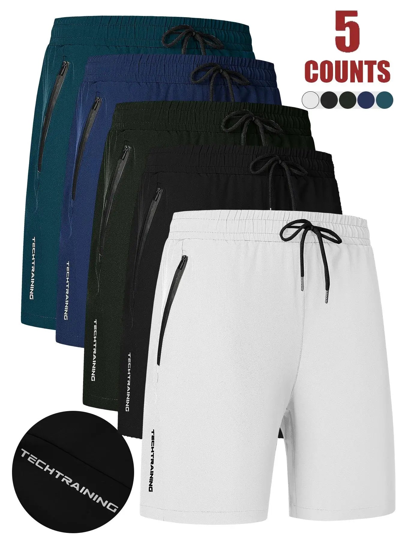 Men's Five-Piece Shorts, Sports, Fitness, Swimming, with Zipper Pockets, Quick-Drying, Casual, Breathable, Drawstring Shorts, Suitable for Summer Outdoor Sports, Fitness Training, Home Leisure, Beach Vacation