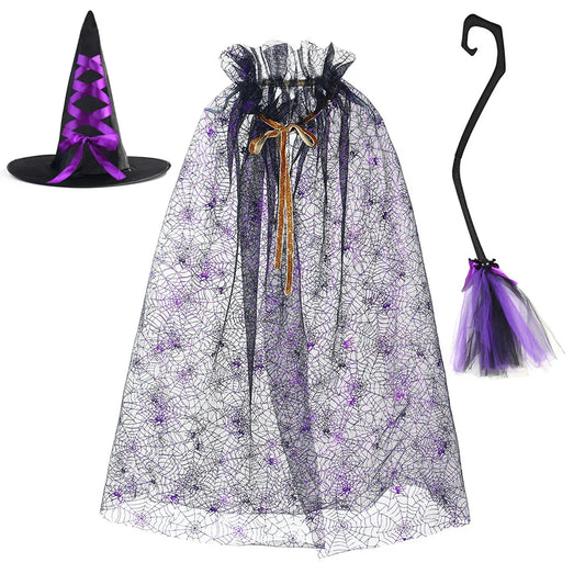Halloween Witch Cloak Set Spider Web Sheer Mesh Cape Hat and Broom Set for Kids Boys Girls Appliques Feathers Animal