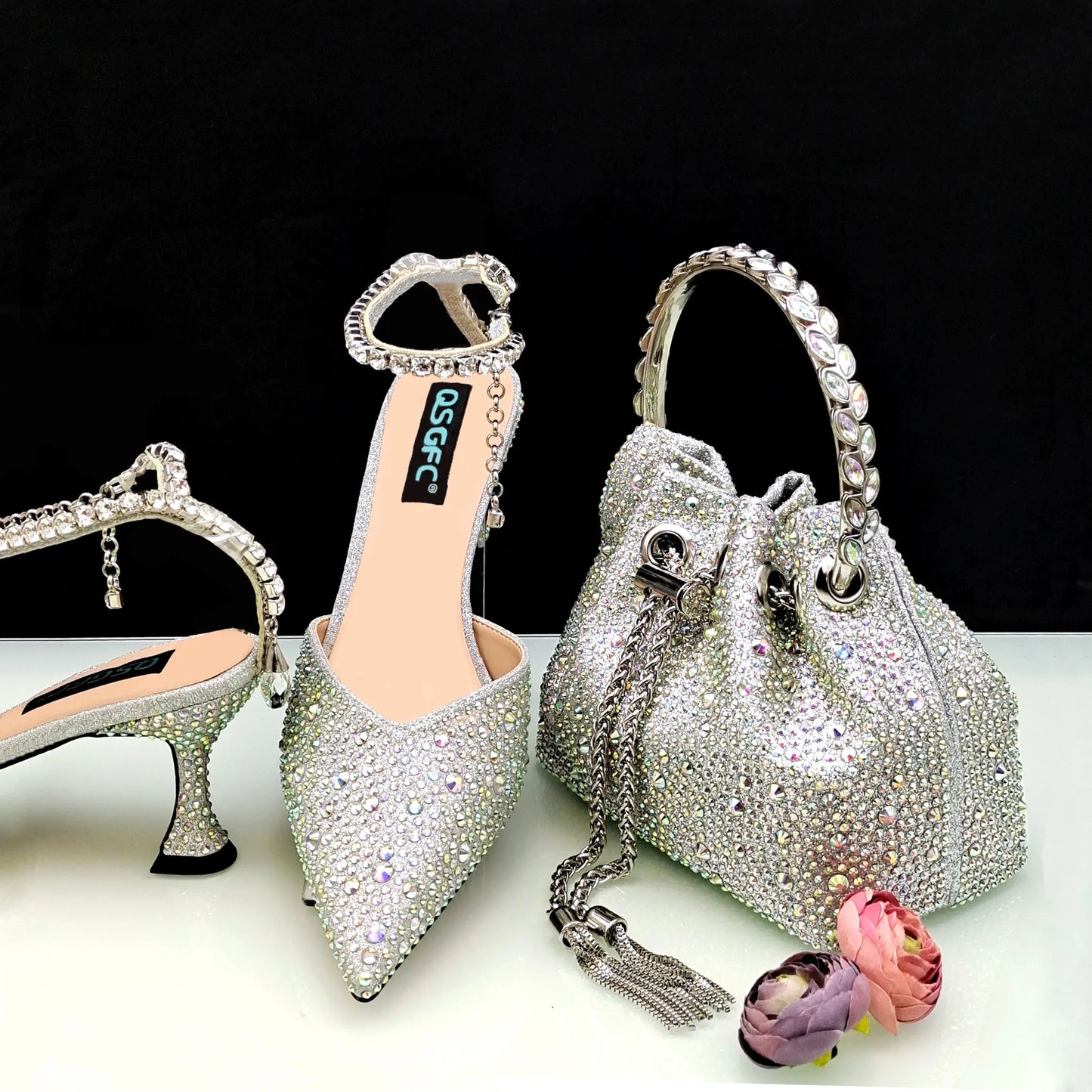New Gold Glitter Fabric Pointed Toe High Heels With A Variety Of Shapes Of Rhinestones Fashion Party Ladies Shoes And Bag