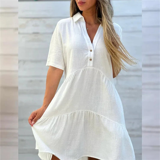Women Cotton Linen Solid Color Dresses Lapel Button Patchwork Dress Summer Casual Commuter High Waist Short Sleeves Female Gown