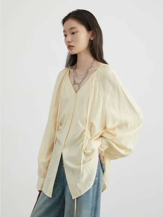 Women Loose Lace Up Shirt Solid New Korean V-neck Pleated Raglan Long Sleeved Blouses Female Tops Spring Summer 2026