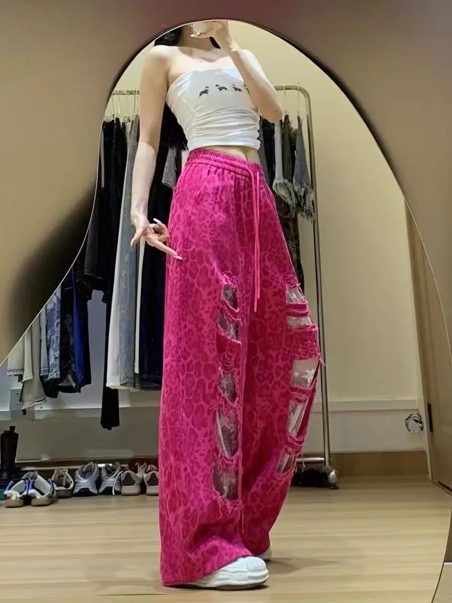 Retro American Lace Leopard Print Patchwork Hole Denim Pants Women Summer New Elastic Waist Wide Leg Slimming Floor-Length Pants