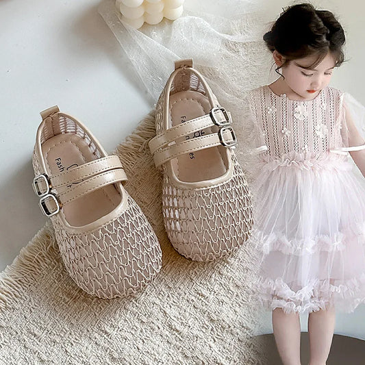 Girls Mesh Sandals Soild Color Versatile Kids Flat Shoes Double Hook&loop 2026 Summer New Children Princess Shoes Korean Style