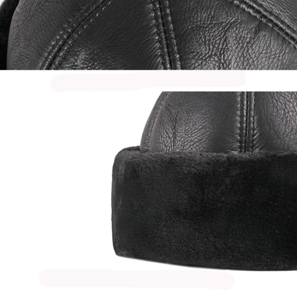 High Quality Autumn Winter Cap Hat PU Leather Thick Warm Pilot Hat Solid Black Fleece Lined Russian Cap 6 Panels Fur Hat