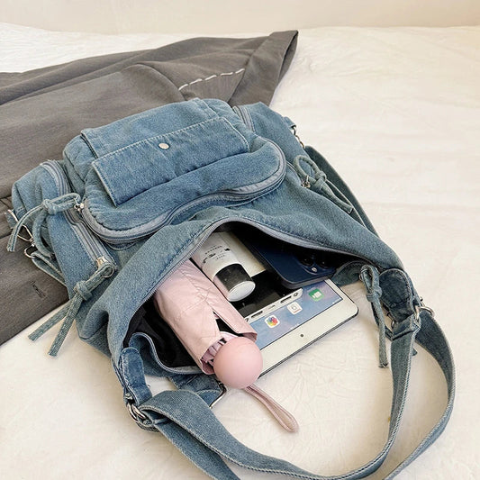 Solid Color Denim Trendy Shoulder Bag for 2025 High Quality Fashion Zipper Large Capacity Versatile Women's Crossbody Bag