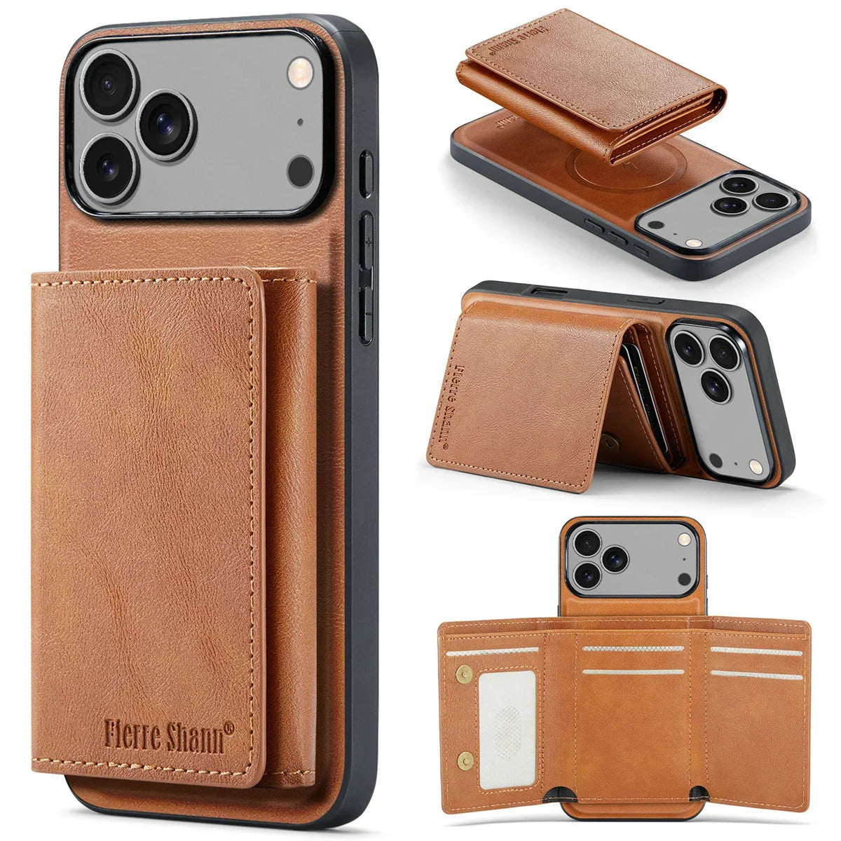 Wallet Cards Slot Leather Phone Case for IPhone 17 Air 17 Pro Max 15 16 Plus 14 13 12 11 Magnetic Magsafe Kickstand Back Cover