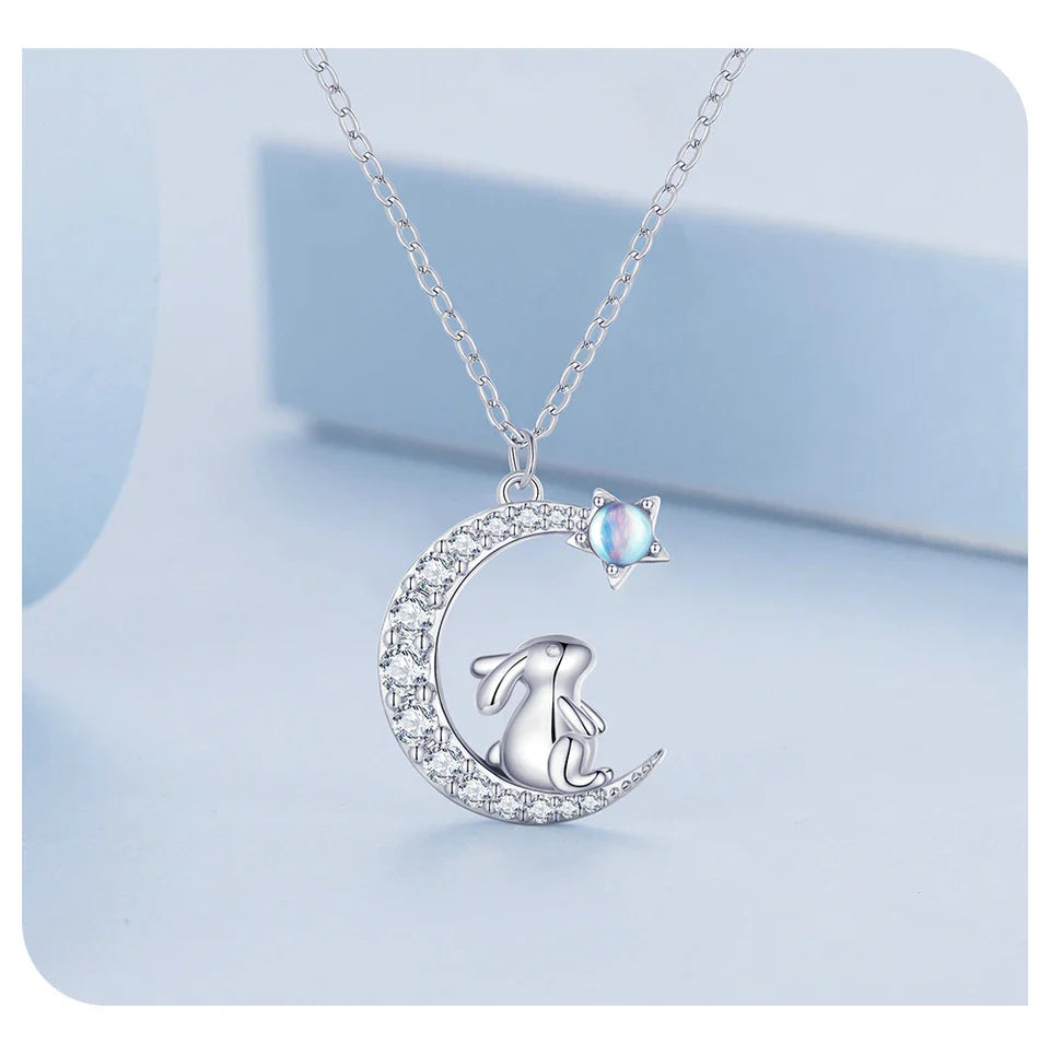 925 Sterling Silver Crescent Moon Pendant Necklace Cute Rabbit Neck Chain for Women Birthday Gift Fine Jewelry BSN302