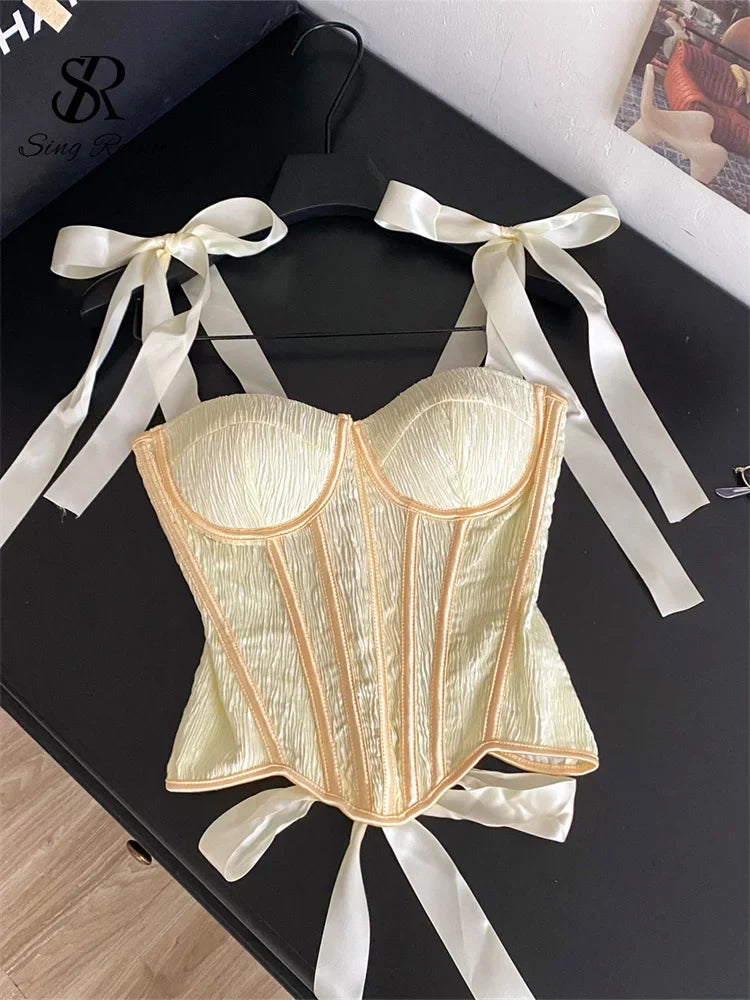 Luxury Party Corset Top Ladies French Style Lace Up Texture Senior Sexy Camisole Summer Retro Sensual Bodycon Tank Top