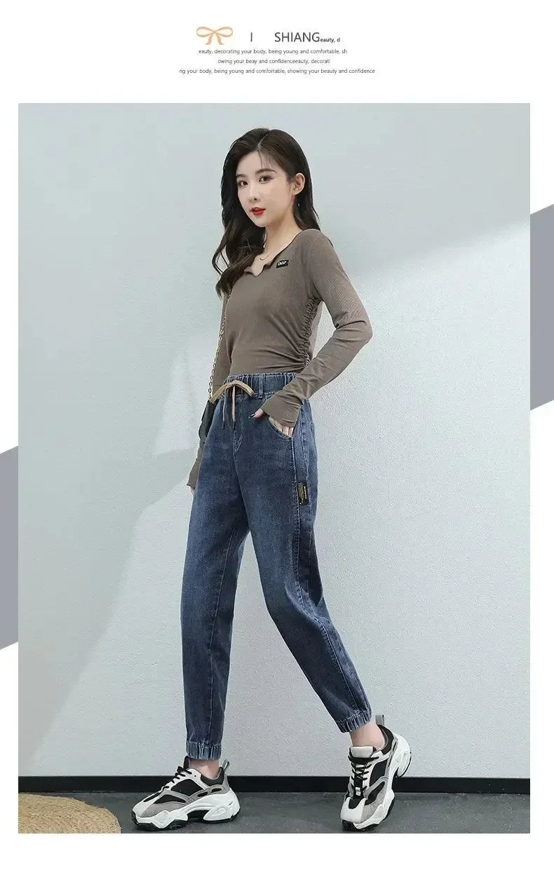 Cargo Jeans Women 2024 Spring and Autumn Korean Version of High Waist Pants Loose Slimming Straight Leg Bundle Haren Pants Tide