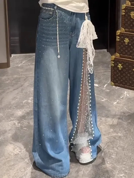 2025 Autumn Winter Women's Denim Pants Mesh Patchwork Y2K Streetwear Baggy Jeans Grunge Japanese Harajuku Cowboy Tide Designer