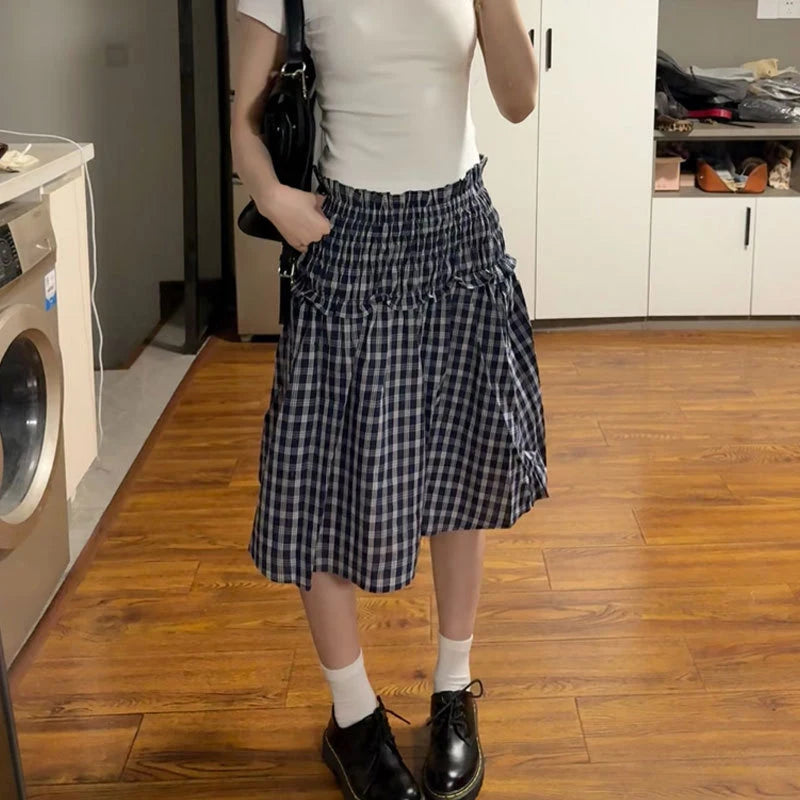 Vintage Plaid Mini Skirt Women Harajuku Aesthetic Patchwork Knee Length Skirts Summer Korean High Waist A Line Faldas New