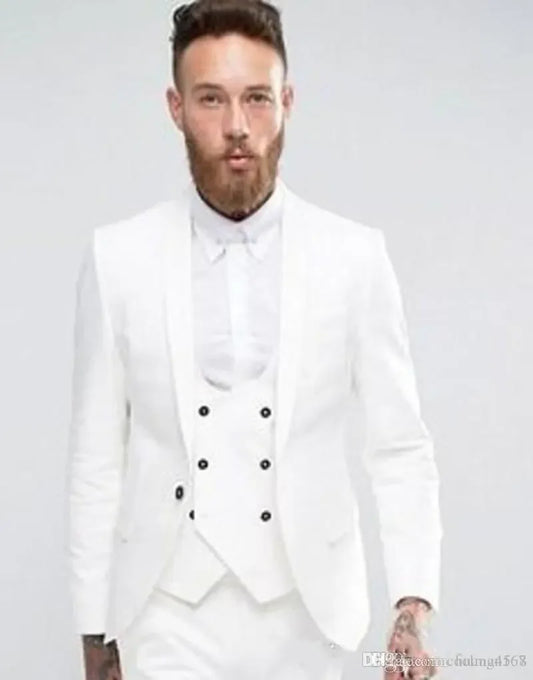 Handsome White Groom Tuxedos Shawl Lapel Groomsmen Men Wedding Dress Fashion Man Jacket Blazer 3 Piece Suits (Jacket+Pants+Vest)