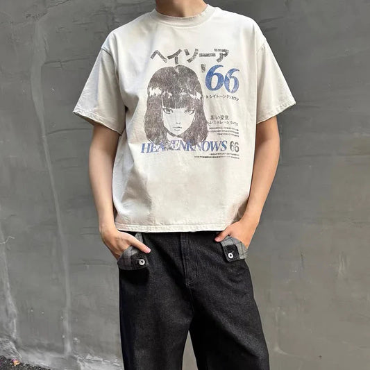 Japanese Anime Comic Print Cotton Oversized T-shirt Harajuku Summer Streetwear Loose Fashion Short Sleeve Top for Women Ins