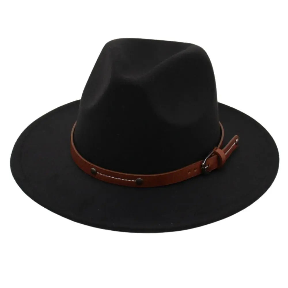 With Belt Buckle Felt Fedora Hats Fashion Vintage Wide Brim Panama Cap Soft Elegant Cowboy Cap Men Women