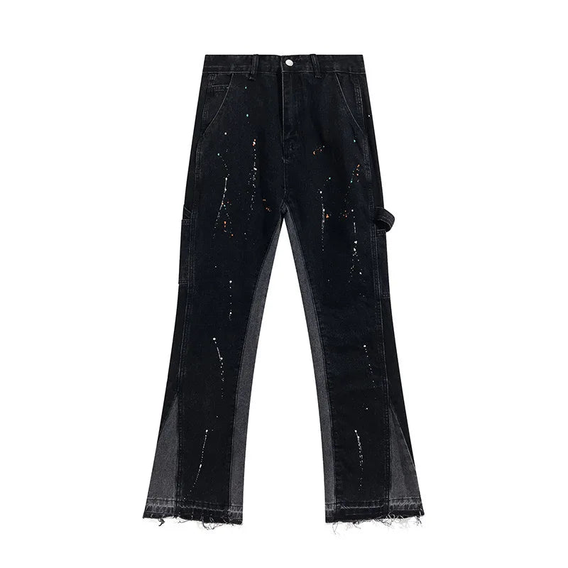 Splash Ink Embroidery Painted Jeans Men Worn Soft 3D Hollow Long Flared Pants Montage Hip Hop Repair Tall Street Cotton Elastic2