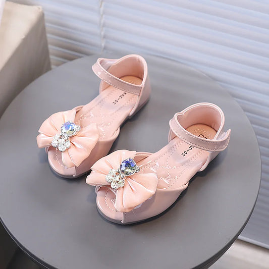 Girl's Fish Mouth Shoes with Rhinestone Bear Decos Prom Party Sandals for Kids Girl Nice Butterfly-knot Students Footwear I10281