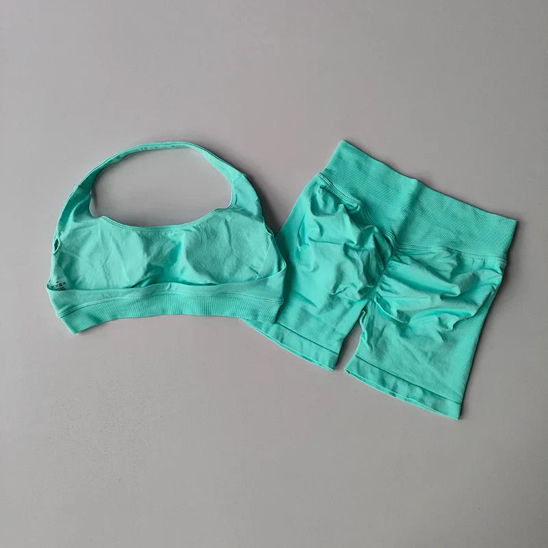 Sexy Halter Neck Beautiful Back High Waist Peach Sports Bras Shorts Suit Pilates Gathering Yoga Vest Training Fitness Bra Sets