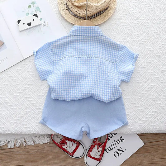 Summer Casual Plaid T-Shirt And Pants Set with Tie for Baby Boys Cotton Toddler Outfit 2Pcs Clothing Suit Kids Clothing