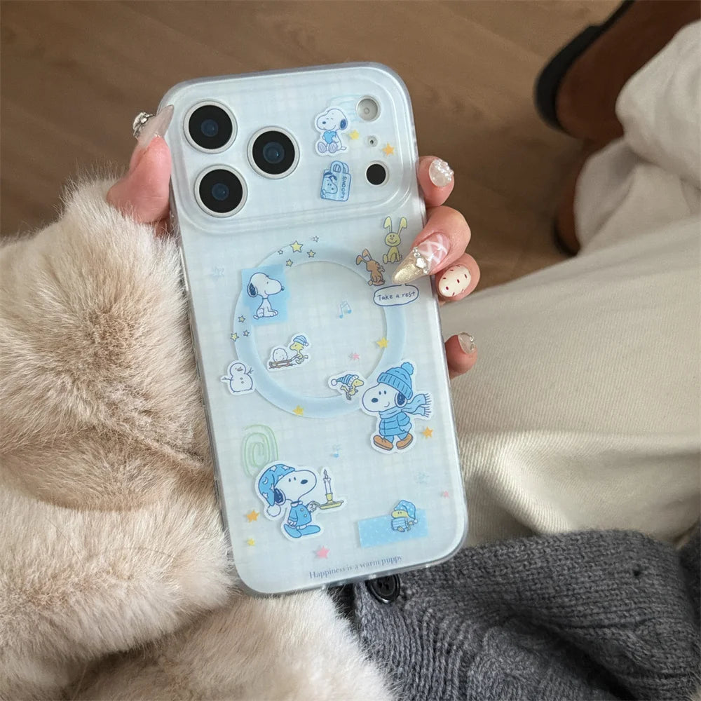 Ins Plaid Kawaii Snoopy Magnetic Phone Case for iPhone 17 Pro 13 14 15 16 Pro Max Cover With Magsafe Stand Cute Shockproof Funda