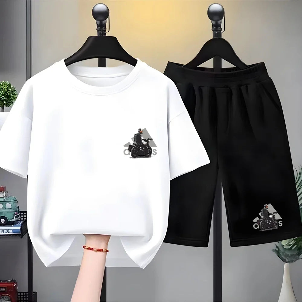Kids black Summer Leisure Short Sleeve T-shirts+shorts Suits 3-12 Years Boys Girls Casual Outfits Children 2pcs Brand Clothes