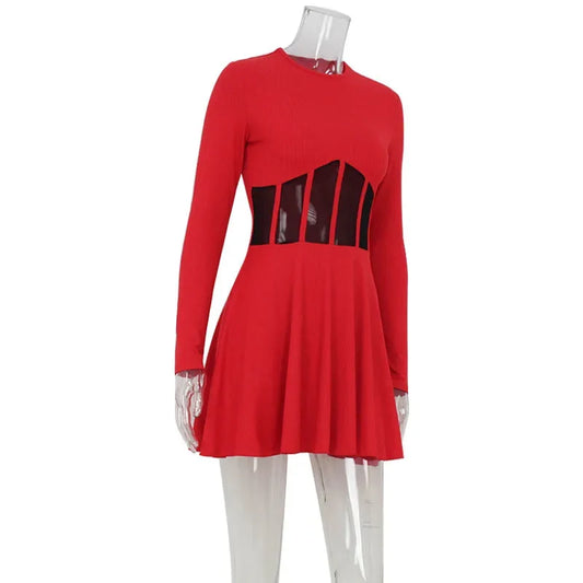 Fashion Solid Women's Mini Dresses A-Line Knitted Sheer Slim Fit Long Sleeves Bodycon O-Neck Party Streetwear Vestidos