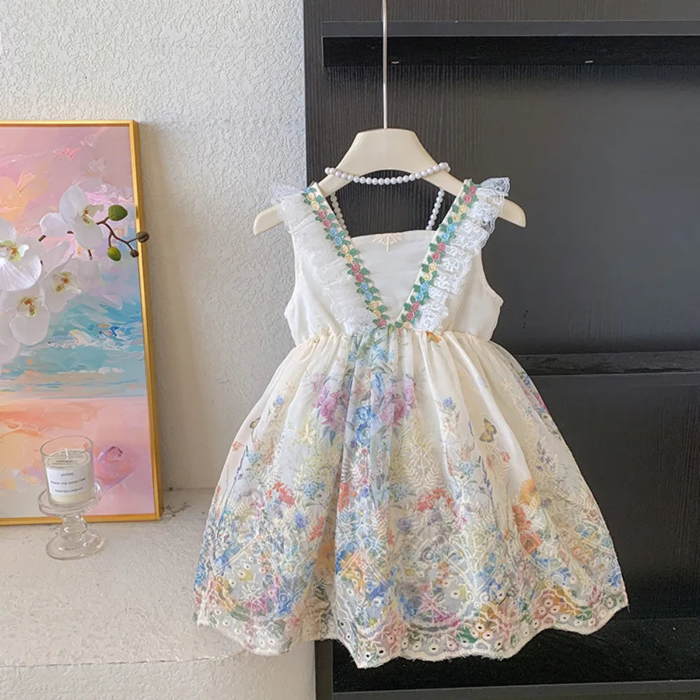Fashion 2-7 Years Girl Print Lace Sleeveless Vest Princess Dresses Summer Beige Flower Kids Casual Clothes Korean Version