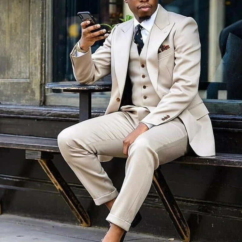 Men Suits 3 Pieces Peak Lapel Slim Fit Costume Homme Groom Tuxedo Wedding Prom Suit Terno Masculino Blazer+Vest+Pants