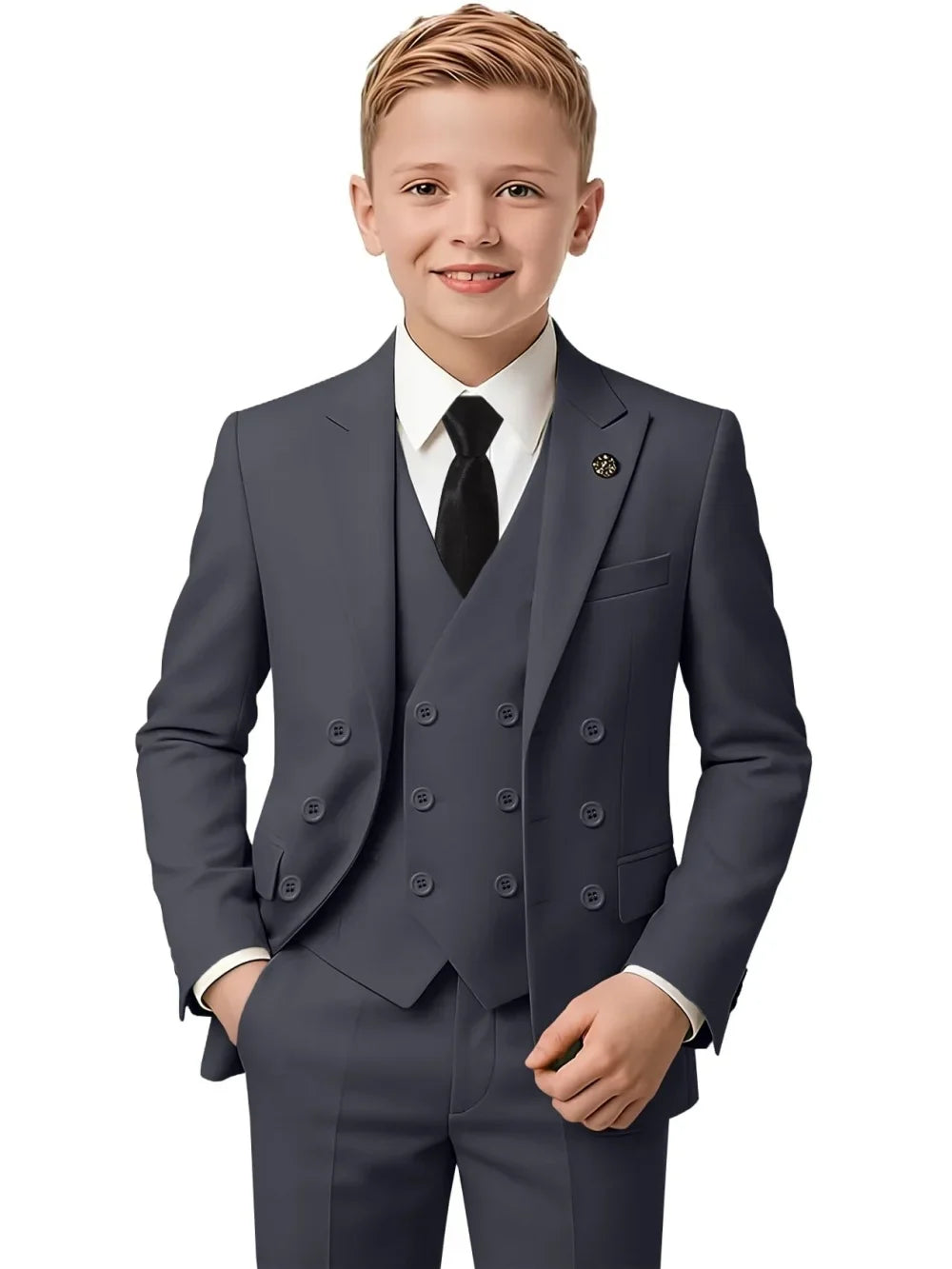 New Hot Sale Boys Slim Fit Tuxedo 3 Pieces Piano Performance Wear Double Breasted Kids Suit Set Banquet Party Outfit Plus Size
