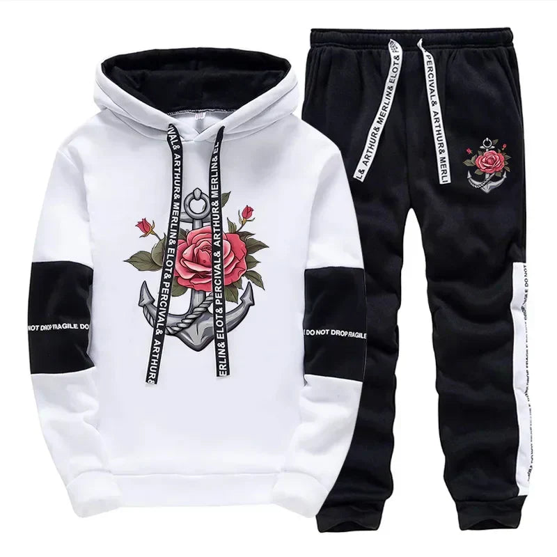 Mens Tracksuit Retro Pattern Printing Single Piece Sweatshirts Sweatpants Casual Office Home Hoodie Pants Sports Mens Clothing