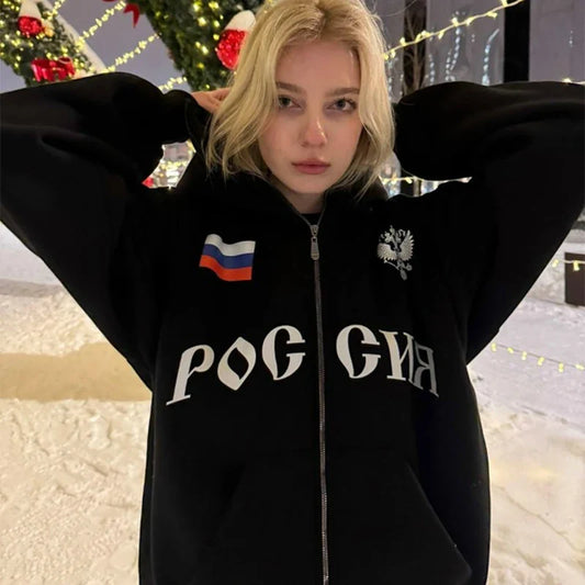 Y2K Clothes Men's Hip Hop Autumn Russia Hot Sale Vintage Double Zip Hoodies Lettering Graphic Hoodies Sweatshirts Casual Jacket