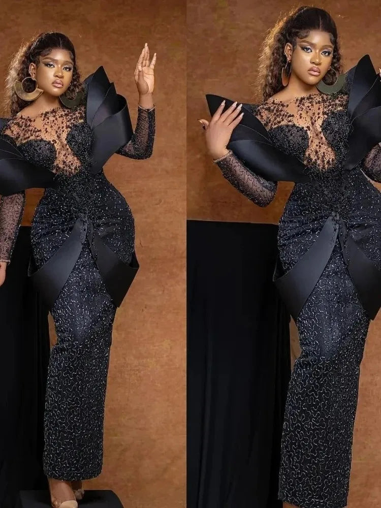 Black Aso Ebi Plus Size Evening Gown Long Sleeve Beaded Lace Birthday Dress Illusion Bodice Formal Dress for Women Customized