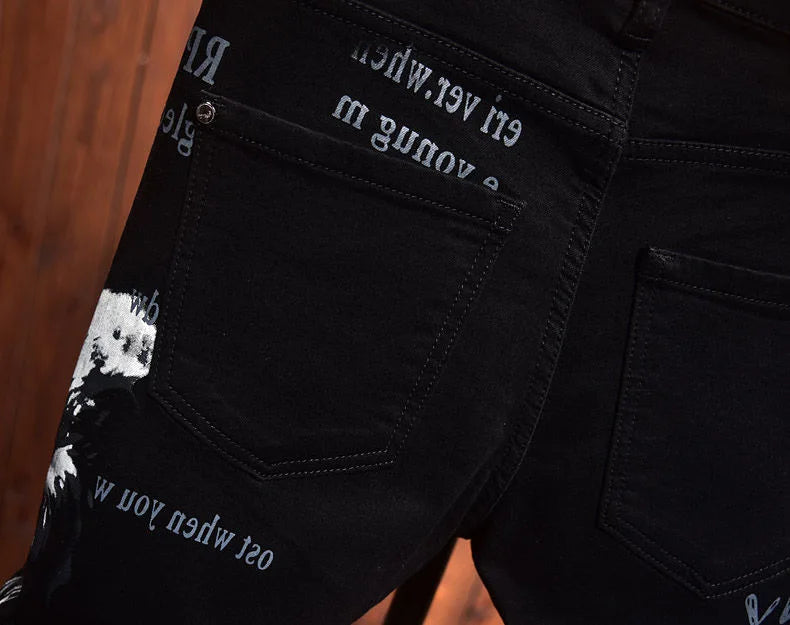 2025 Spring and Autumn New Fashion Trend Printed Black Straight Leg Jeans Men's Casual Comfort Breathable High Quality Pants