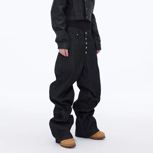 High Street Retro Buckle Design For Men'S Jeans Street Ruff And Handsome Loose Casual Wide Leg Pants Black Jeans