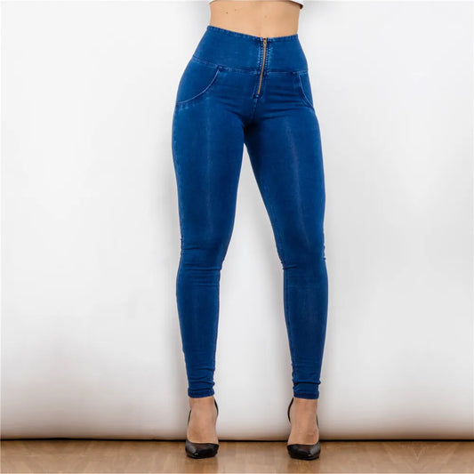 Melody High-Waist Zipper Fly Jeggings Butt Lift Stretch Blue Denim Jeans for Women