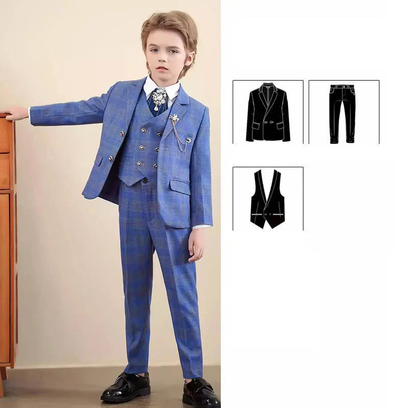 Children Red Jacket Vest Pants 3PCS Photograph Suit Boys Wedding Dress Prince Kids Tuxedo Set Teenager Birthday Party Costume