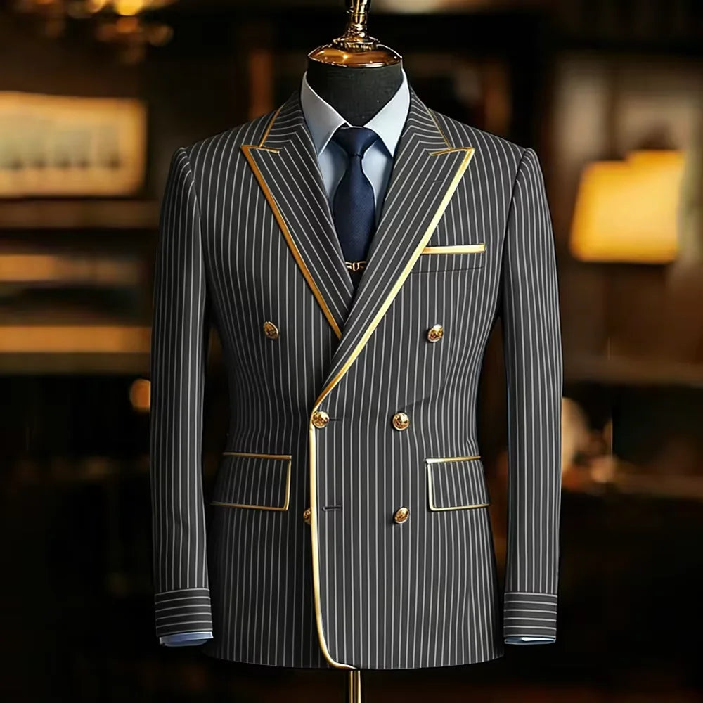Men's Pinstripe Blazer Double Breasted Slim Fit Peaked Lapel With Gold Trim Formal Suit Jacket For Groomsman Wedding Prom Hot