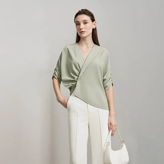 Women's Blouse 2026 Summer New V-Neck Asymmetric Pleated Mid Sleeve Shirt Relaxed Fit Office Casual Top For Women 12622117