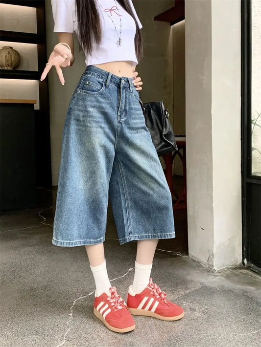 Summer American Style Vintage Women Baggy Jeans Y2k Loose Washed High Waist Knee Length Denim Pants Streetwear Wide Leg Shorts