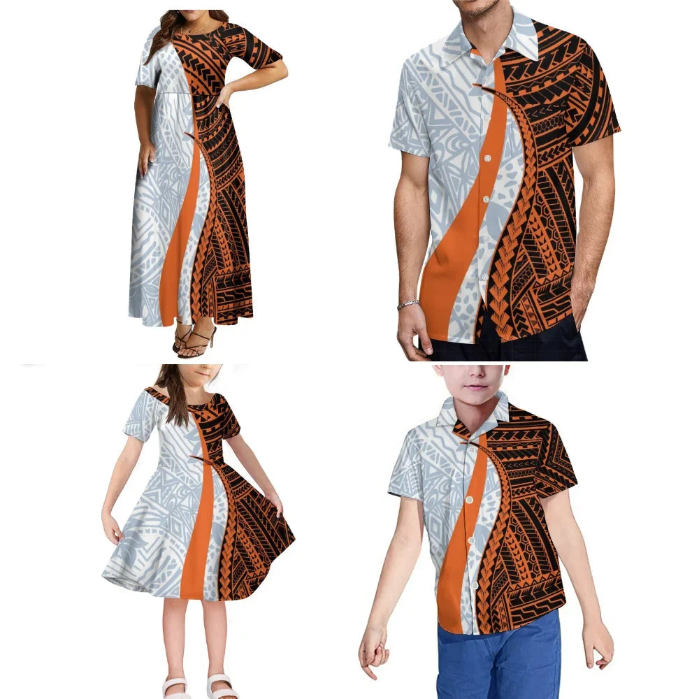 Polynesian Family Collection Clothing Fluffy Full Skirt Women Girls Dress Custom Samoan Pattern Print Adult Children Shirt