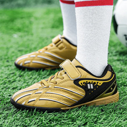 Fashion Gold Children's Football Shoes Outdoor Non-slip Turf Soccer Shoes Kids HOOK&LOOP Low-cut Sports Sneakers Child Trainers
