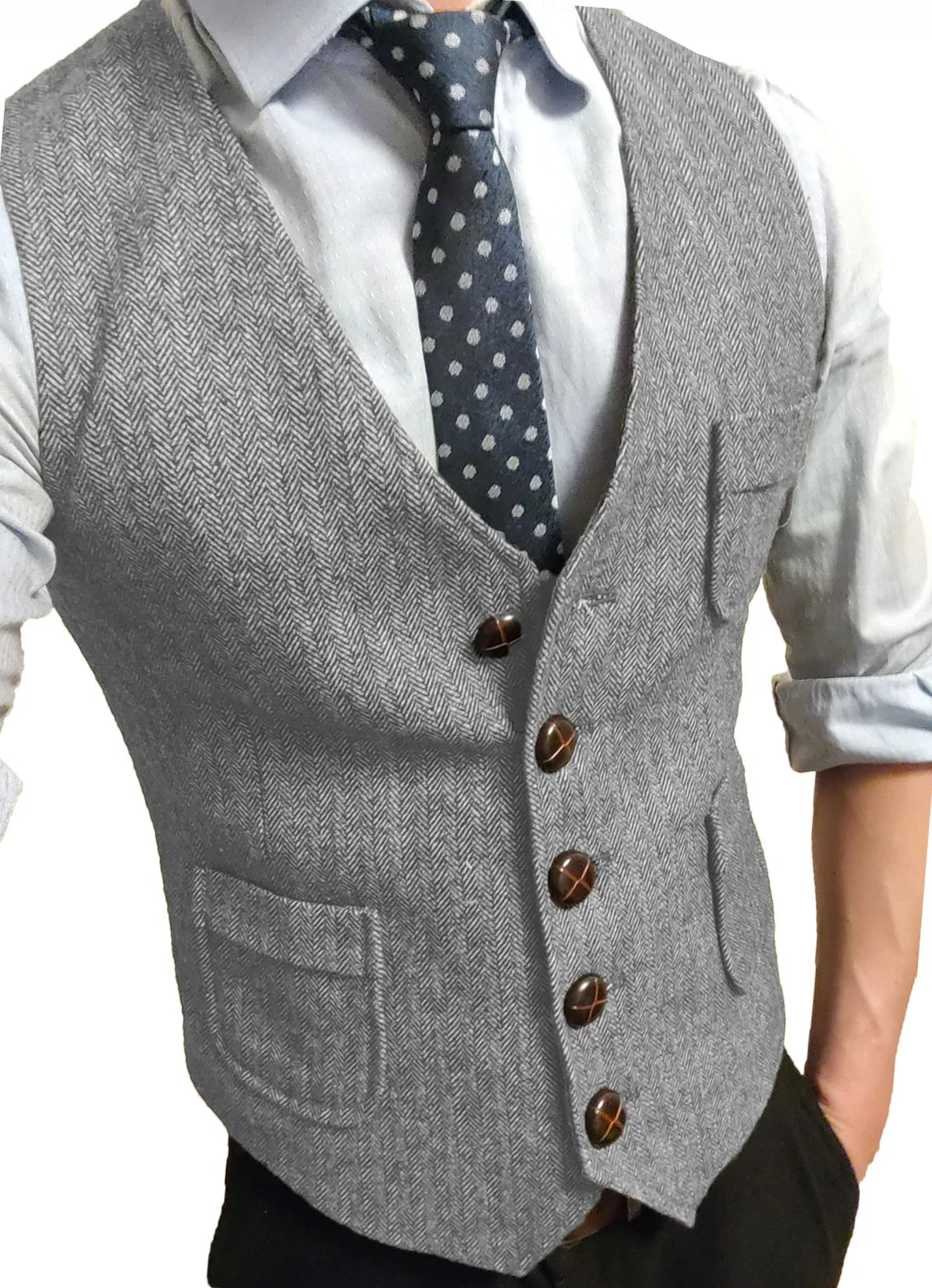 Men's Formal Suit Vest V-Neck Tweed Herringbone Waistcoat Business Dress Suit Vests for Wedding