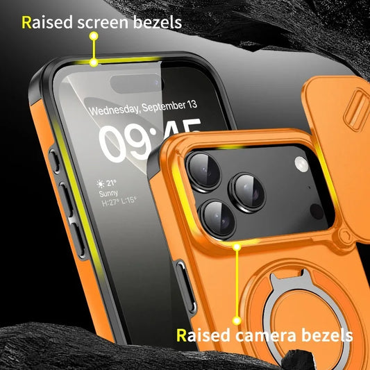 Luxury Heavy Duty Rugged Armor Magnetic Bracket Case For iPhone 17Air 16 15 14 17 Pro Max Plus Slide Camera Protection PC Cover