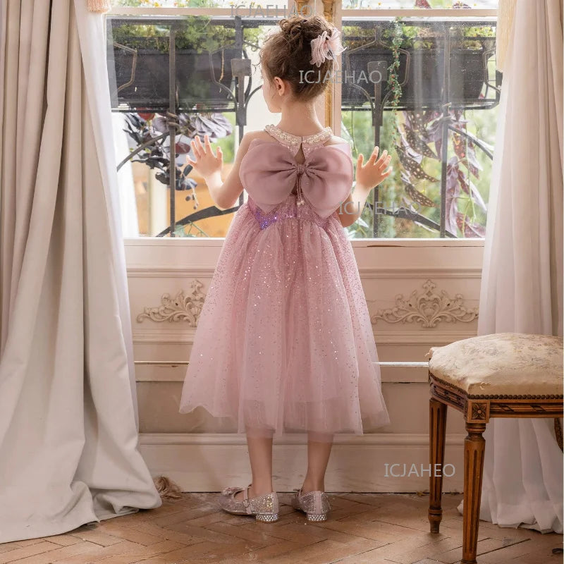 2026 Children Girls Dress New Princess Gown Summer Pink Tulle Formal Pageant Costume Kids Birthday Party Fashion Sleeveless