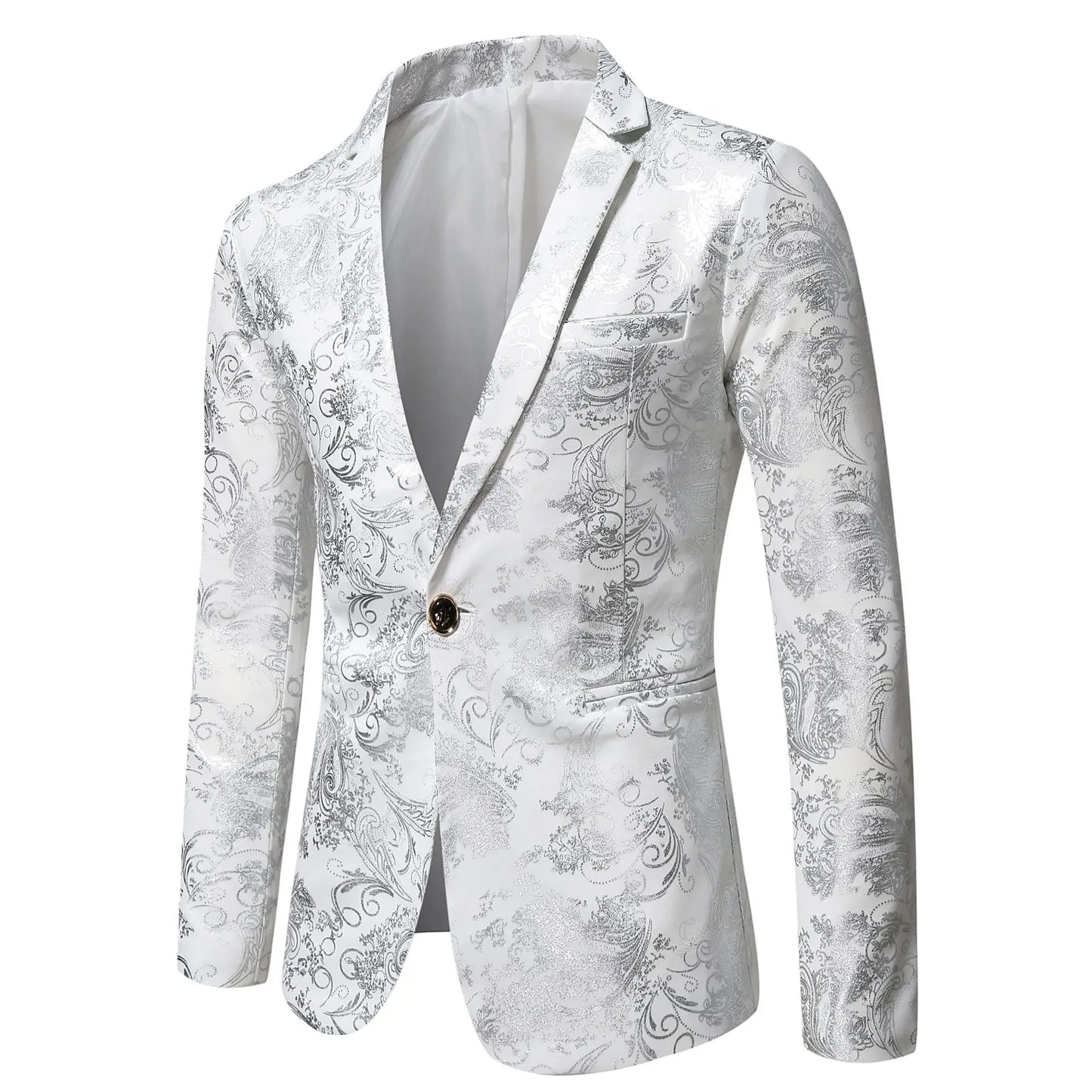 Men's Slim Fit Print Blazer Jacket 2025 Fashion Handsome Business Casual Silver Stage Show Suit Small Menswear