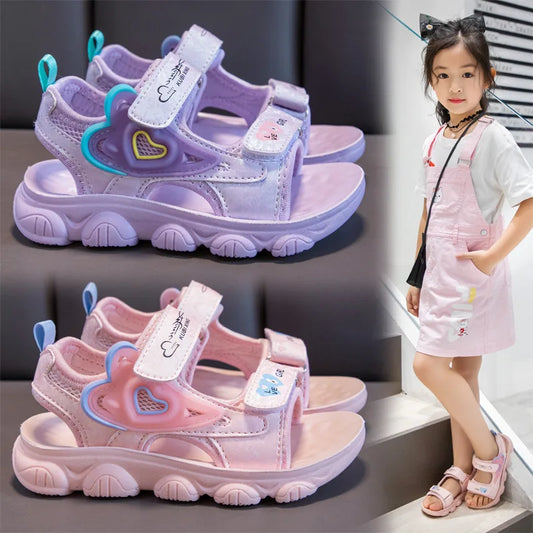 2026 New Summer Girls Sports Sandals Love Heart Decor Soft Non-Slip Beach Sandals For 3-12 Years Old Kids