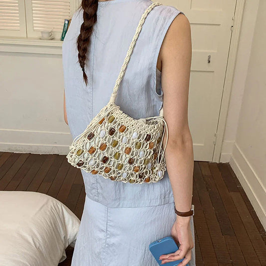 Hollow Beading Women Shoulder Bag Rope Knitting Handbags Bohemian Crochet Mesh Bags for Women Small Woven Beach Bag Flap Tote