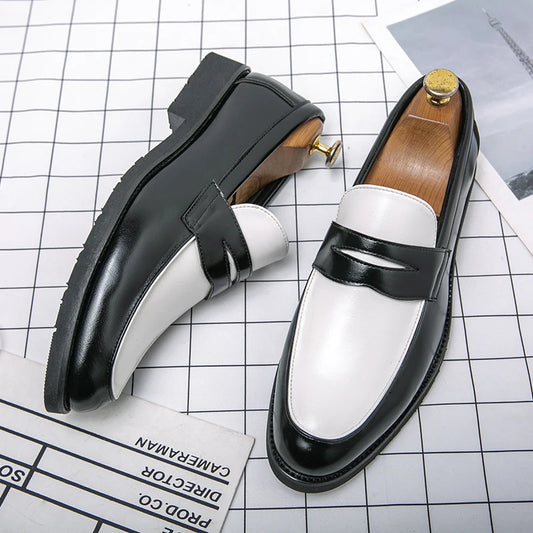 Italian Luxury Brand Loafers Men's Black and White Color Leather Shoes Slip-on Fashion Soft-soled Casual Shoes Wedding Moccasin